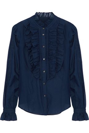 TEMPERLEY LONDON WOMAN STRAWBERRY RUFFLED COTTON AND SILK-BLEND VOILE SHIRT NAVY,GB 14693524284032419
