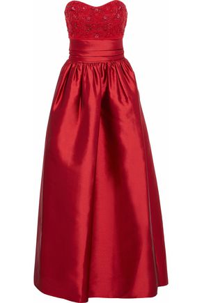 MARCHESA NOTTE WOMAN STRAPLESS EMBELLISHED TULLE-PANELED SATIN-FAILLE GOWN RED,AU 1188406768722412