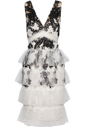 MARCHESA NOTTE WOMAN TIERED LACE-TRIMMED EMBROIDERED TULLE DRESS IVORY,AU 1188406768742883