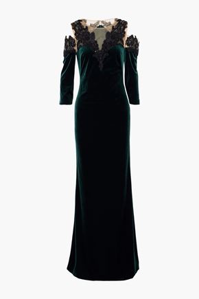 MARCHESA NOTTE COLD-SHOULDER LACE-APPLIQUÉD TULLE AND VELVET GOWN,3074457345618869400