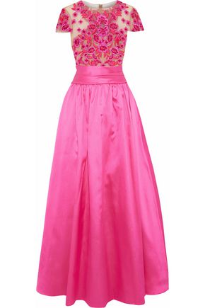 MARCHESA NOTTE WOMAN EMBELLISHED TULLE-PANELED DUCHESSE-SATIN GOWN BRIGHT PINK,AU 1188406768765078
