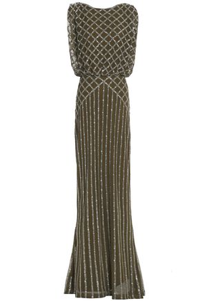 RACHEL GILBERT WOMAN YULIYA FLUTED EMBELLISHED TULLE GOWN ARMY GREEN,US 1188406768811455