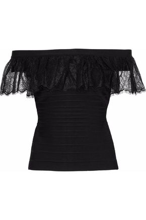 HERVE LEGER WOMAN OFF-THE-SHOULDER RUFFLED LACE-TRIMMED BANDAGE TOP BLACK,GB 1188406768852275