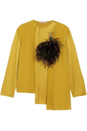 CHRISTOPHER KANE WOMAN FEATHER-EMBELLISHED CREPE AND SATIN TOP MUSTARD,AU 1874378722818346
