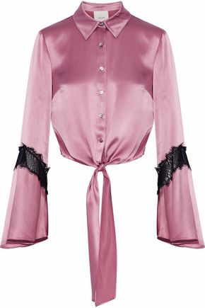 CINQ À SEPT Genevieve tie-front Chantilly lace-trimmed silk-satin shirt,GB 1874378722828339