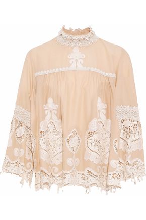 ANNA SUI ANNA SUI WOMAN CROCHET-PANELED EMBROIDERED COTTON BLOUSE NEUTRAL,3074457345618995673