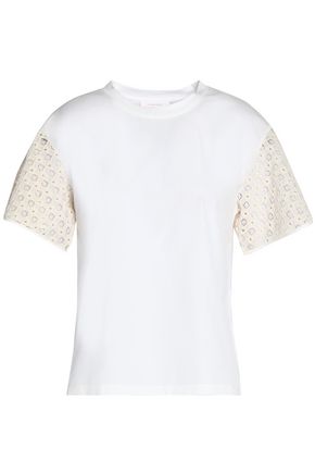 SEE BY CHLOÉ WOMAN CROCHET-PANELED COTTON-JERSEY T-SHIRT OFF-WHITE,GB 1874378722946568
