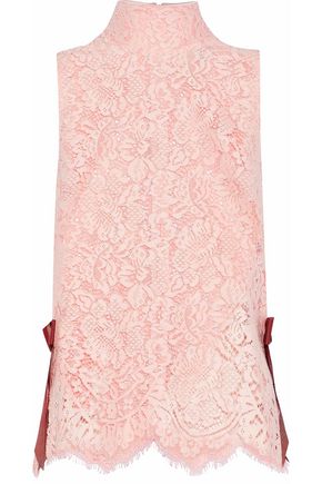 GANNI WOMAN DUVAL BOW-EMBELLISHED GUIPURE LACE TOP PASTEL PINK,AU 1874378723013043