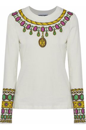 MOSCHINO WOMAN PRINTED COTTON-JERSEY TOP WHITE,US 1874378723236730