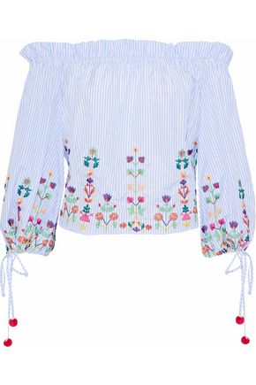 RAOUL RAOUL WOMAN OFF-THE-SHOULDER EMBROIDERED STRIPED COTTON BLOUSE LIGHT BLUE,3074457345619079859
