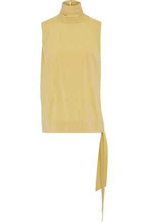 woman knotted washed stretch-silk turtleneck top pastel yellow