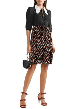 Chloé Woman Embroidered Cady And Printed Velvet Dress Black