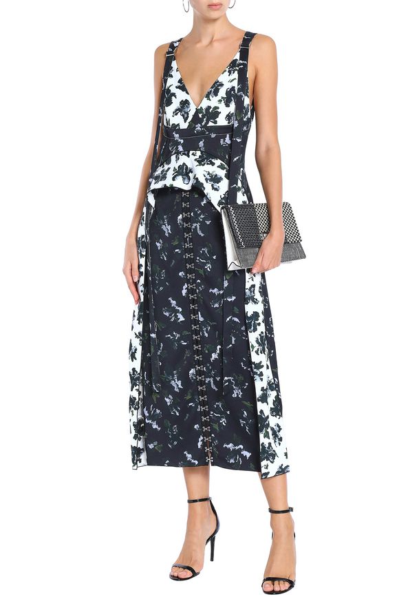 Very Goods Embellished floral print paneled satin crepe midi