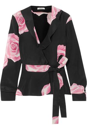 GANNI Leopard-print silk crepe de chine wrap top