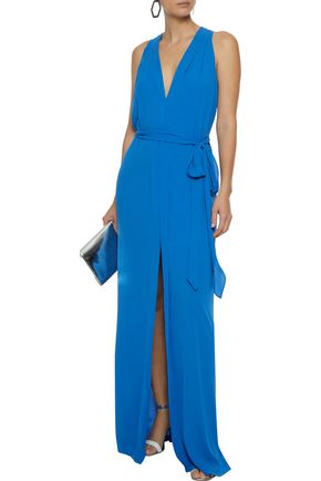 Halston Heritage Halston Woman Front-split Belted Crepe De Chine Gown Blue