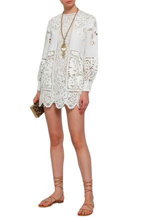 Valentino Woman Paneled Linen-guipure Lace Mini Dress Off-white