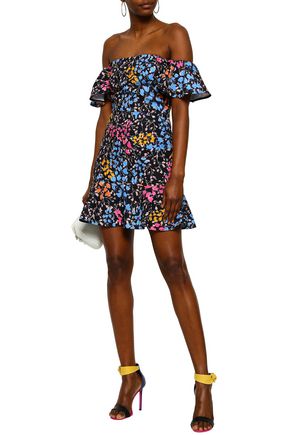 Click to view more detailed imagery on our partner's website Saloni Off-the-shoulder Ruffled Floral-print Cady Mini Dress In Black