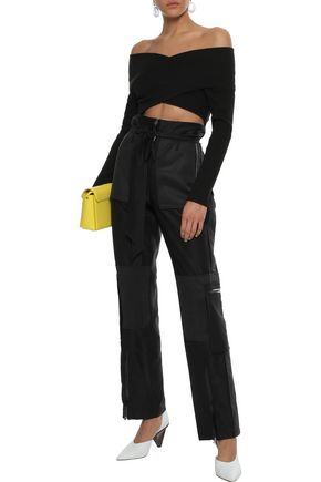 OPENING CEREMONY OPENING CEREMONY WOMAN OFF-THE-SHOULDER CROPPED RIBBED COTTON-BLEND TOP BLACK,3074457345620302907