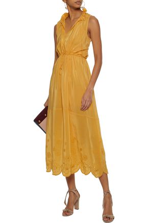 See By ChloÉ Woman Ruffle Trimmed Broderie Anglaise Crepe De Chine Midi Dress Mustard See By ChloÉ Woman Ruffle Trimmed Broderie Anglaise Crepe De Chine Midi Dress Mustard