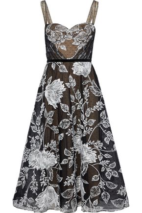 Flared embroidered point d'esprit midi dress | MARCHESA NOTTE | Sale up ...