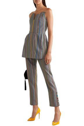 Click to view more detailed imagery on our partner's website Rosie Assoulin Woman Strapless Houndstooth Wool And Silk-Blend Peplum Top Gray