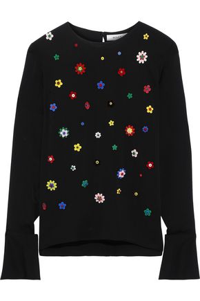 MILLY Eleanore floral-appliquéd stretch-silk top