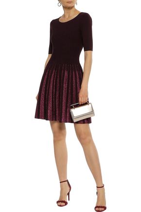 MILLY MILLY WOMAN FLARED METALLIC-TRIMMED PONTE MINI DRESS MERLOT,3074457345620612326