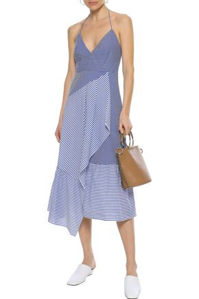Click to view more detailed imagery on our partner's website Tibi Woman Collage Striped Cotton-Blend Poplin Halterneck Midi Dress Blue