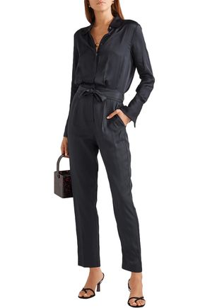 Equipment Woman Andrea Belted Washed-satin And Twill Jumpsuit Midnight ...