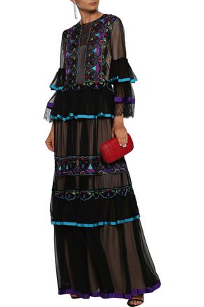 Alberta Ferretti Woman Embellished Tulle And Mesh-paneled Silk-chiffon Gown Black