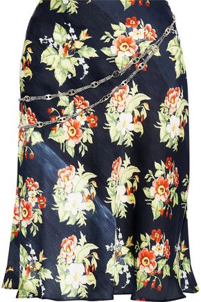 PACO RABANNE Chain-trimmed floral-print charmeuse skirt
