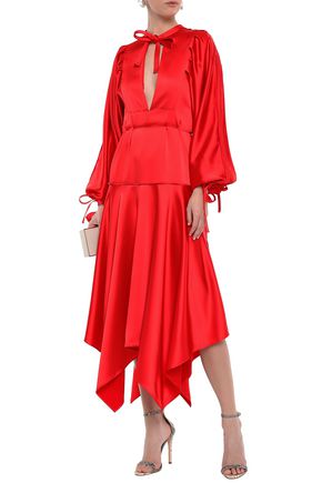 Shop Self-portrait Asymmetric Cutout Satin Peplum Midi Dress In Red