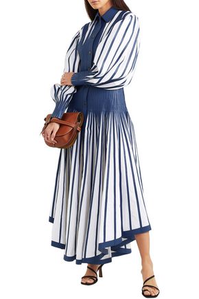 Loewe Woman Leather-appliquéd Pleated Cotton-poplin Midi Dress Cobalt Blue