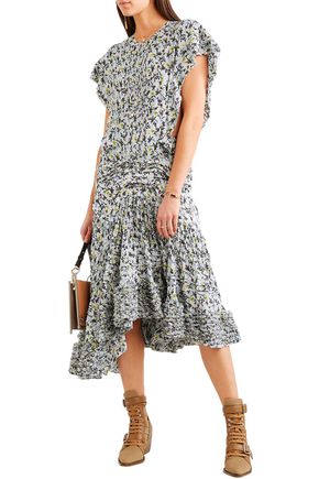 Chloé Ruffle-trimmed Pleated Floral-print Georgette Midi Dress In Sky Blue