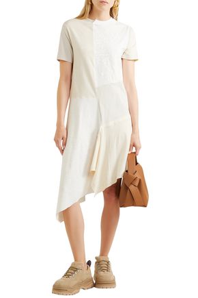 Loewe Woman Asymmetric Patchwork Slub Cotton-jersey Dress Off-white