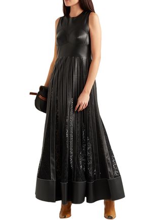 Loewe Woman Lace-paneled Pleated Leather Maxi Dress Black