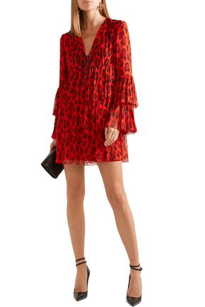 Tom Ford Tiered Leopard-print Silk-georgette Mini Dress In Tomato Red |  ModeSens