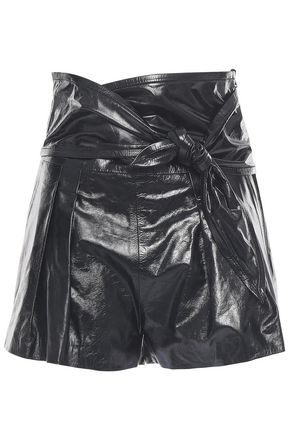 IRO Wrap-effect knotted glossed-leather shorts