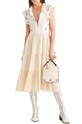 CHLOÉ EMBELLISHED BRODERIE ANGLAISE LINEN AND CADY MIDI DRESS,3074457345620766348