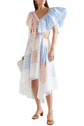 Loewe Convertible Cutout Gingham Tencel And Cotton-blend Midi Dress In White