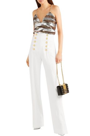 Balmain Chain-embellished Striped Sequined Crepe Camisole In Silver