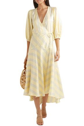 Ganni Striped Silk Midi Wrap Dress In Pastel Yellow