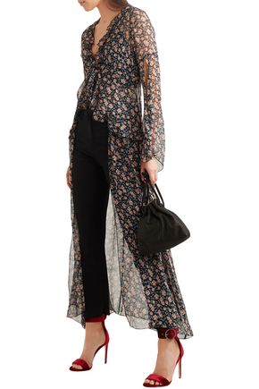 Anna Sui Lilies Of The Valley Printed Silk-chiffon Robe In Black