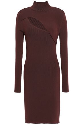 MUGLER Cutout ribbed-knit turtleneck mini dress