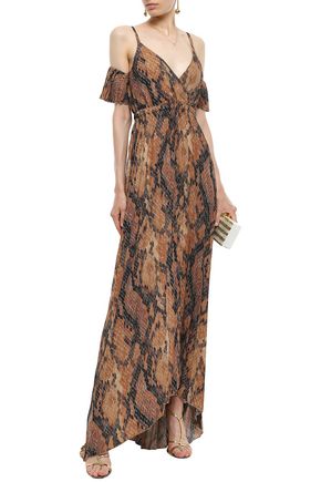 JUST CAVALLI JUST CAVALLI WOMAN COLD-SHOULDER SNAKE-PRINT PLISSÉ-CREPE GOWN ANIMAL PRINT,3074457345620910529