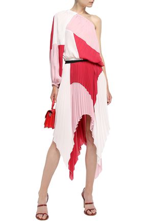 Just Cavalli One-shoulder Pleated Color-block Crepe De Chine Top In Baby Pink