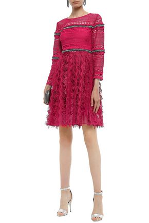 Click to view more detailed imagery on our partner's website Just Cavalli Woman Embellished Crochet And Embroidered Tulle Mini Dress Fuchsia