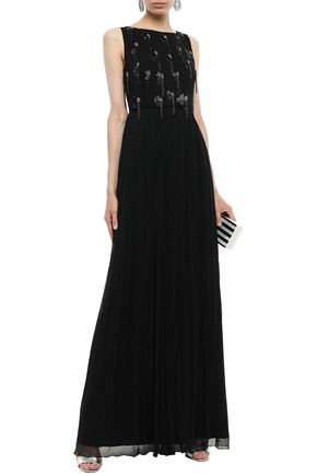 Just Cavalli Gathered Embellished Georgette Gown In Black