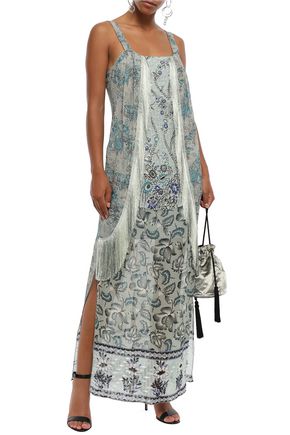 Click to view more detailed imagery on our partner's website Anna Sui Woman Fringe-trimmed Metallic Printed Fil Coupé Silk-blend Maxi Dress Grey Green