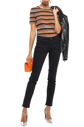 Click to view more detailed imagery on our partner's website Just Cavalli Woman Metallic Striped Ribbed-Knit T-Shirt Orange